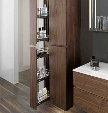 VitrA Memoria tall cabinet with drawer pulled open to show toiletries